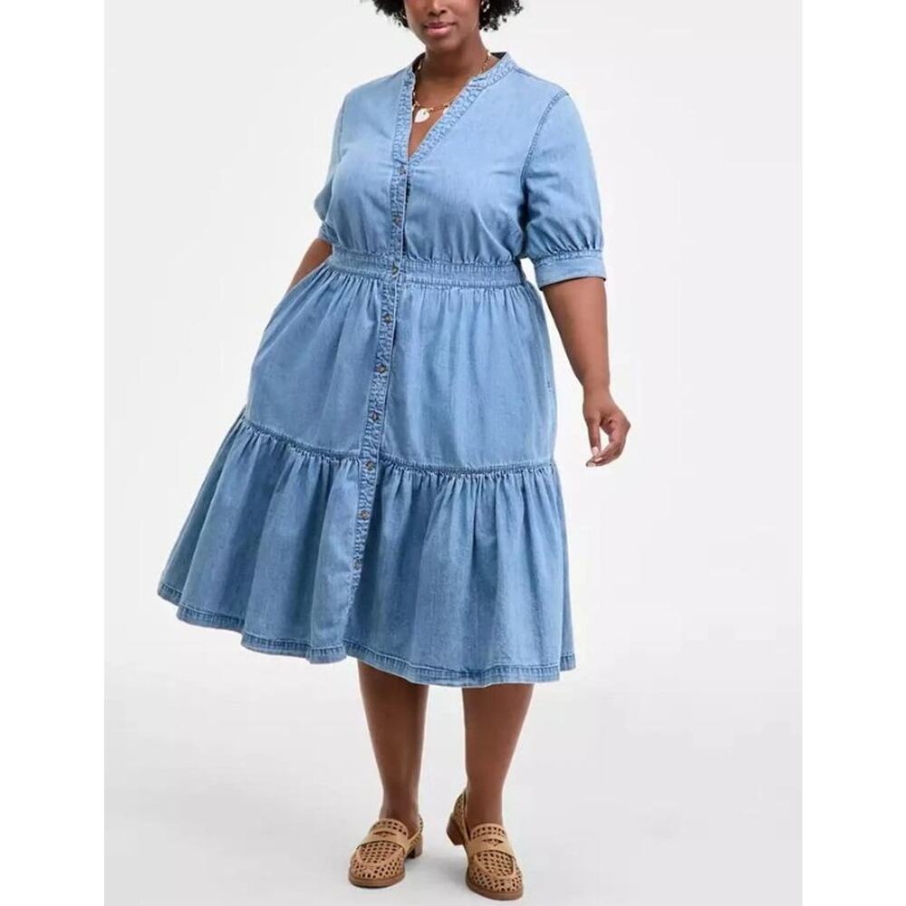 On 34th Women's Denim Puff-Sleeve Midi Dress Vintage Plus Size 0X